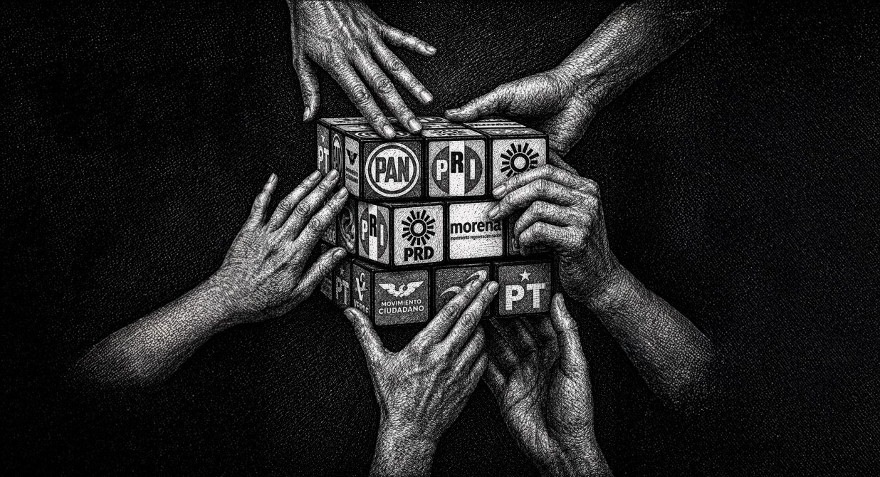 Manos sosteniendo un cubo con logotipos de partidos políticos mexicanos sobre un fondo oscuro.
