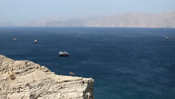 A panoramic view of the ocean with several boats on the water, rocky cliffs in the foreground, and mountains in the background.