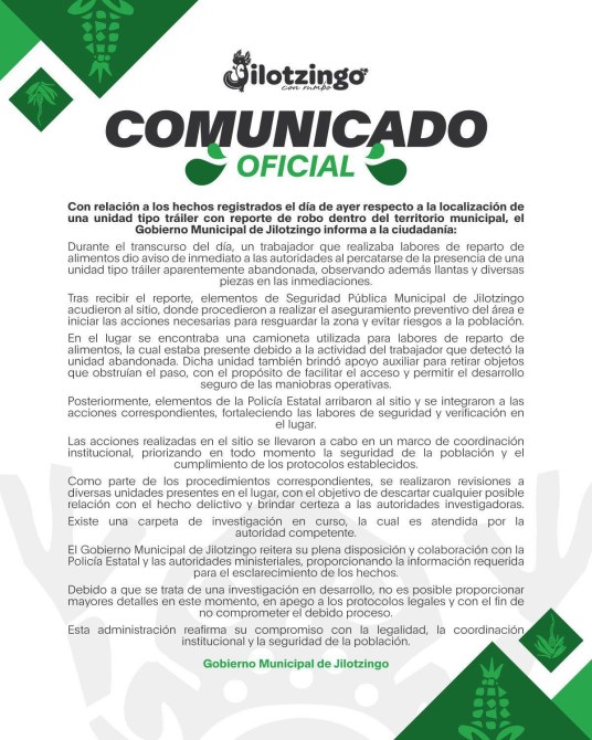 Comunicado oficial del Gobierno Municipal de Jilotepec sobre el hallazgo de un tráiler robado en el territorio municipal.