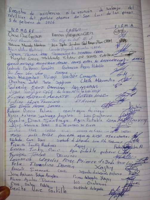 Registro de asistencia a la reunión del colectivo del pueblo otomí de San Luis de la Paz, con nombres, cargos y firmas de los asistentes, fechado el 5 de febrero de 2016.