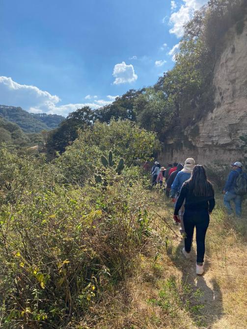 Grupo de personas caminando por un sendero natural rodeado de vegetación y montañas bajo un cielo azul con nubes.