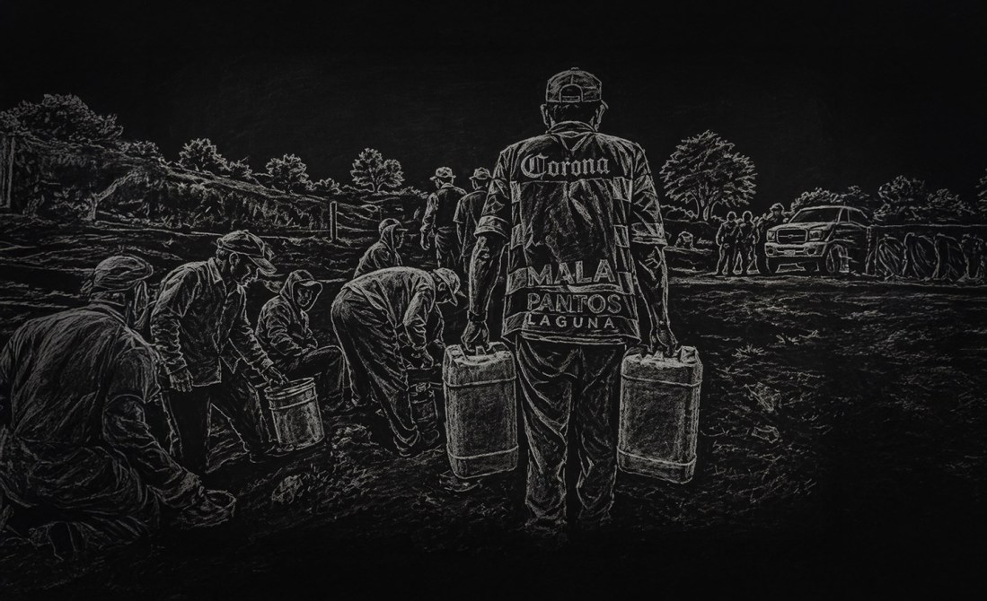 Un grupo de trabajadores en el campo, con un hombre de espaldas que lleva dos contenedores y viste una camiseta con el logo de Corona.