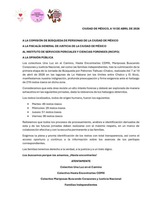 Documento oficial dirigido a diversas instituciones en la Ciudad de México, solicitando atención para la búsqueda de personas desaparecidas. Incluye estadísticas sobre casos recientes y expresa la necesidad de un enfoque más exhaustivo en la investigación.