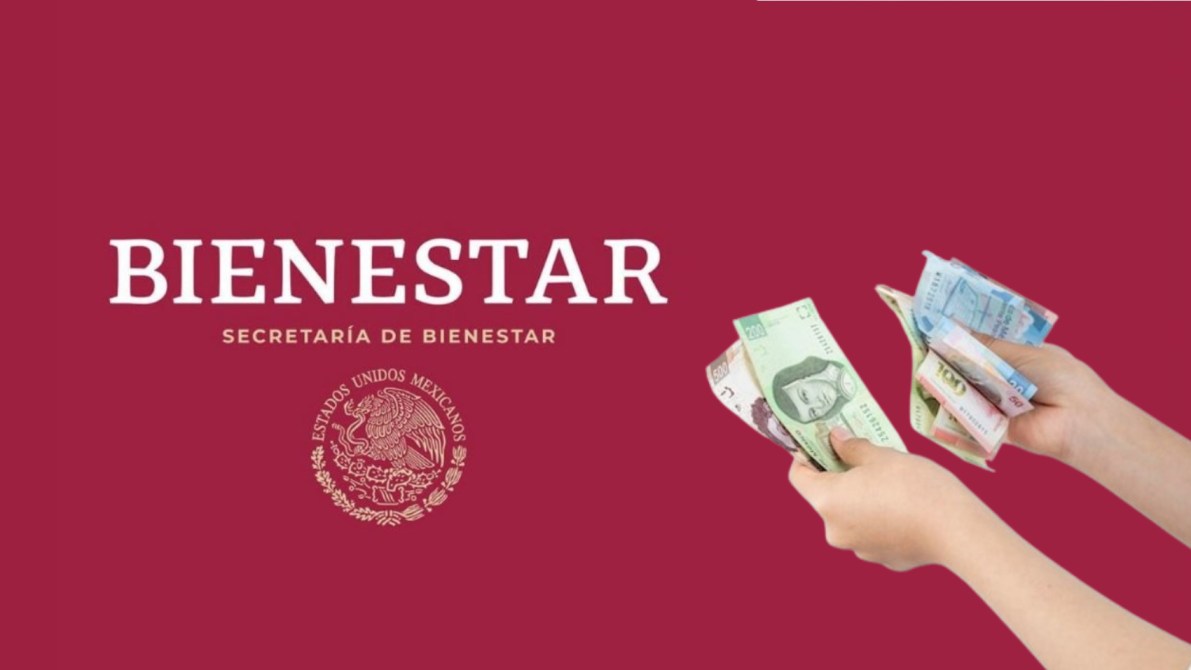 Logotipo de la Secretaría de Bienestar de México con manos sosteniendo billetes de diferentes denominaciones.