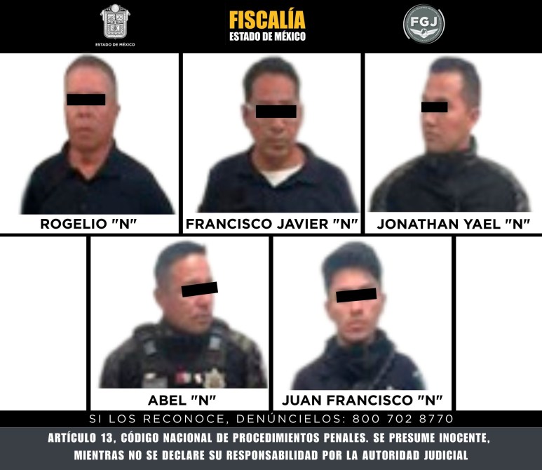 Mosaico de fotografías de cinco hombres, identificados como Rogelio 'N', Francisco Javier 'N', Jonathan Yael 'N', Abel 'N' y Juan Francisco 'N', con fondo negro y texto informativo sobre su reconocimiento.