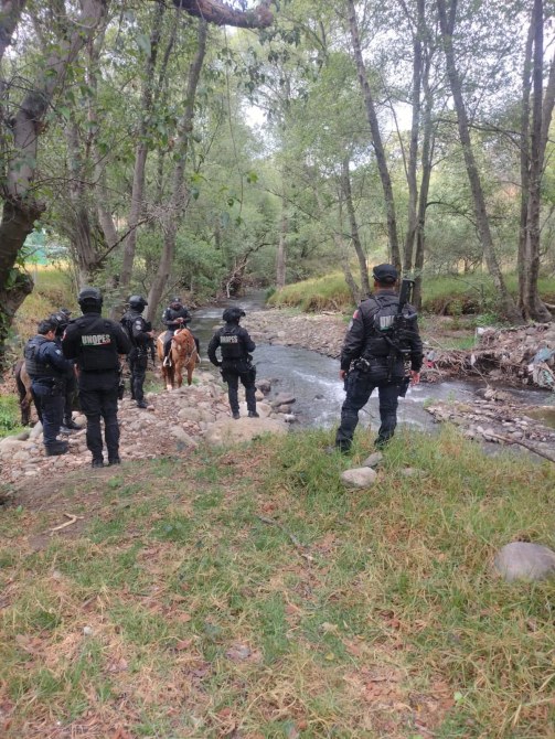 Grupo de agentes vestidos de negro en una zona boscosa cerca de un arroyo, observando el entorno. Algunos agentes están a caballo.
