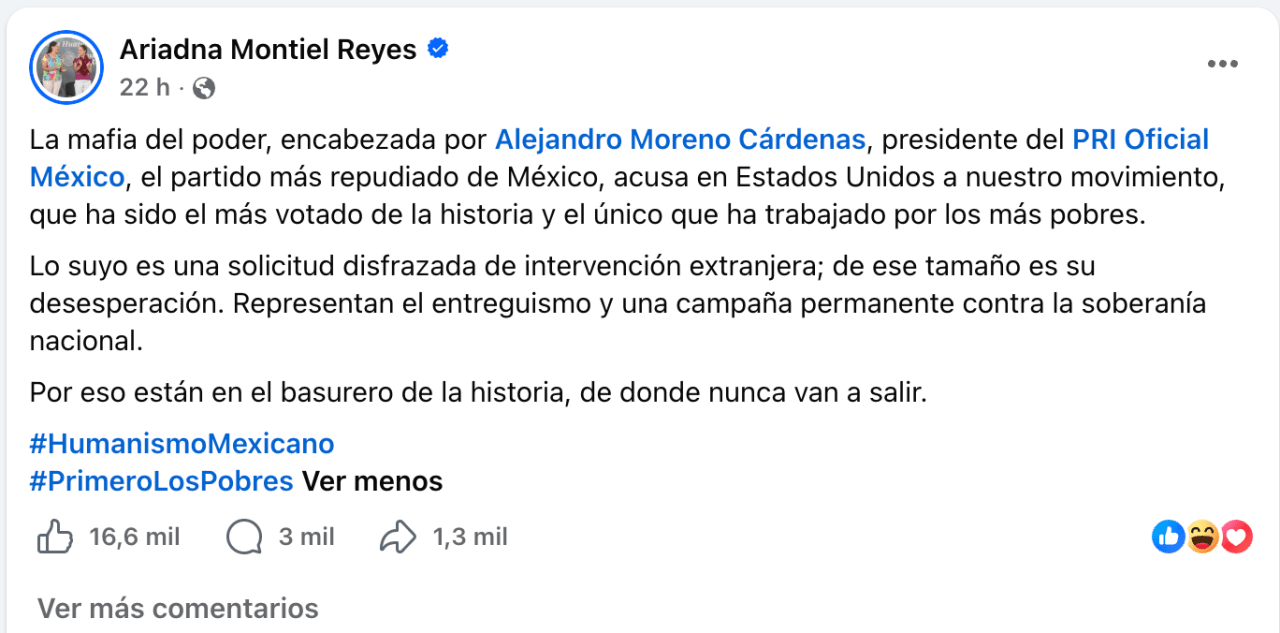 Publicación en Facebook de Ariadna Montiel Reyes denunciando corrupción y la intervención extranjera del PRI en México, con hashtags sobre humanismo y apoyo a los pobres.