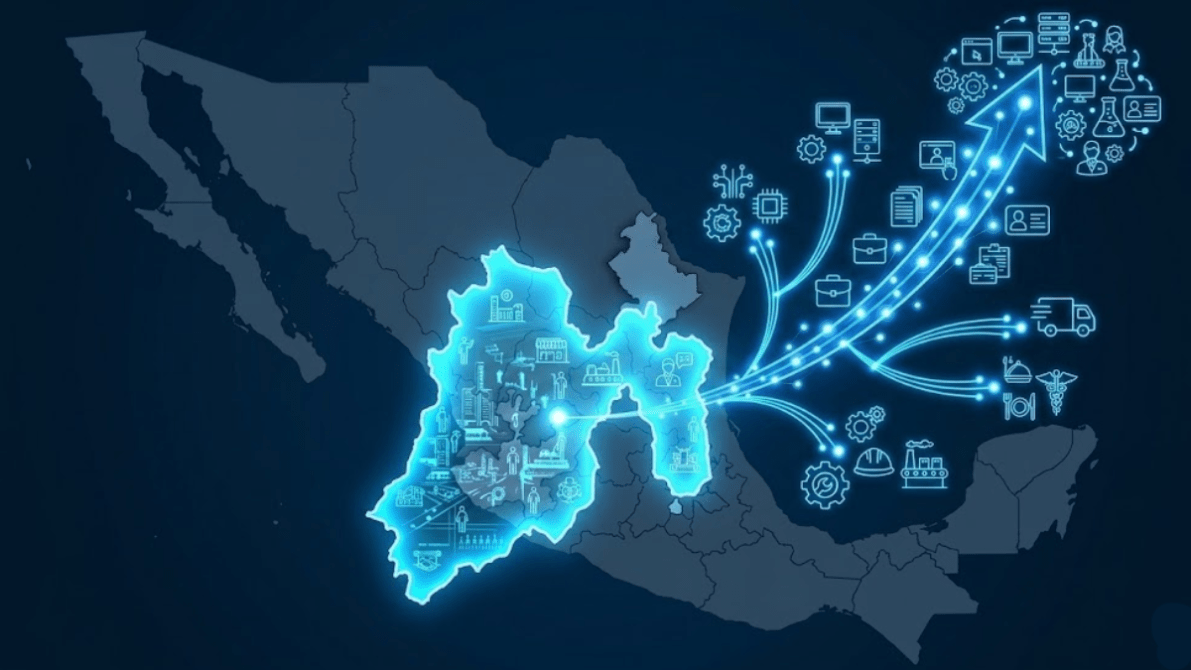 Mapa de México con un área resaltada en azul que representa el desarrollo industrial, con íconos relacionados con tecnología, salud, transporte y educación.