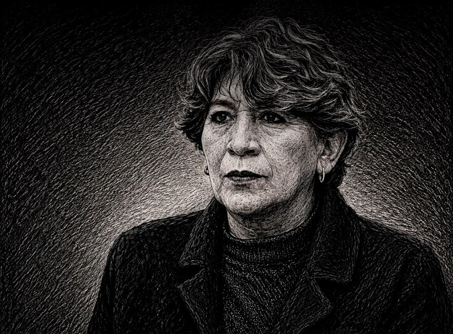 Retrato de una mujer con cabello rizado y un abrigo oscuro, con una expresión contemplativa.