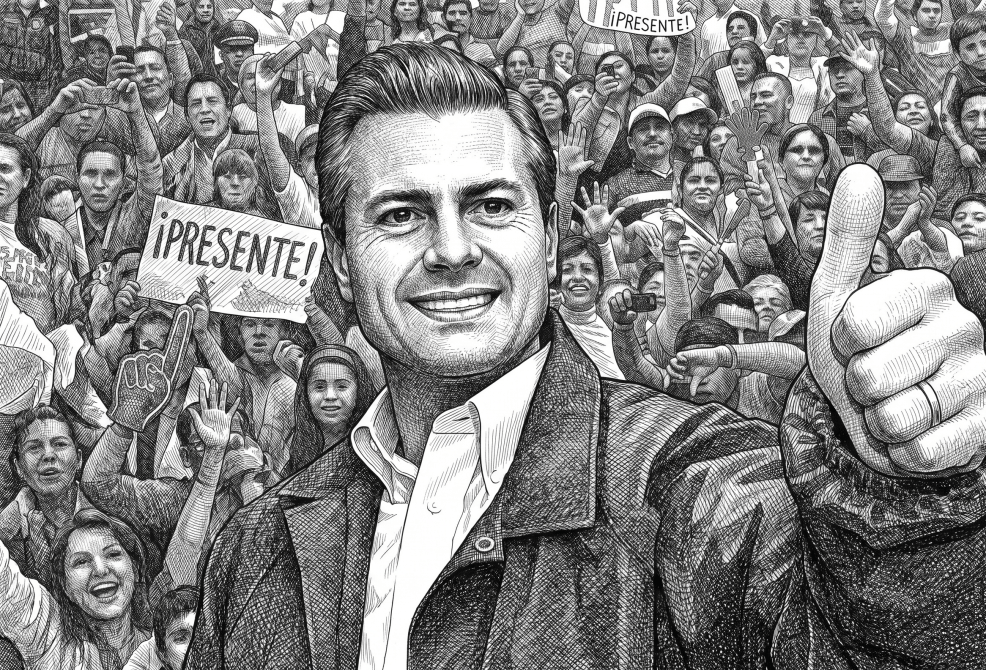 Retrato de un político sonriendo y haciendo un gesto de pulgar arriba, con una multitud de seguidores levantando manos y un cartel que dice '¡PRESENTE!'