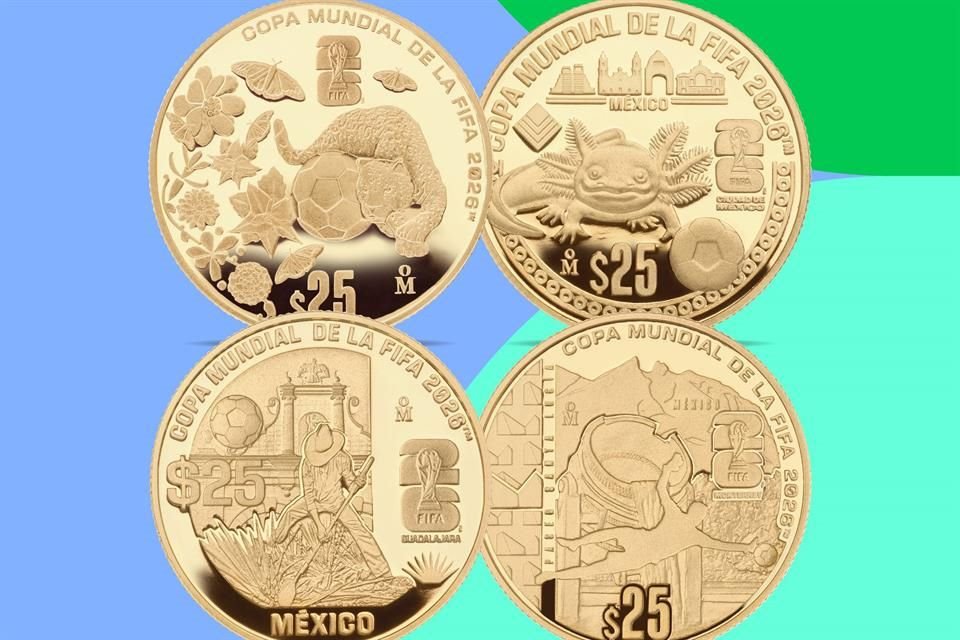 Four commemorative coins for the FIFA World Cup 2026, featuring designs of a jaguar, an axolotl, a soccer ball, and iconic Mexican imagery, with 'COPA MUNDIAL DE LA FIFA 2026' inscribed.