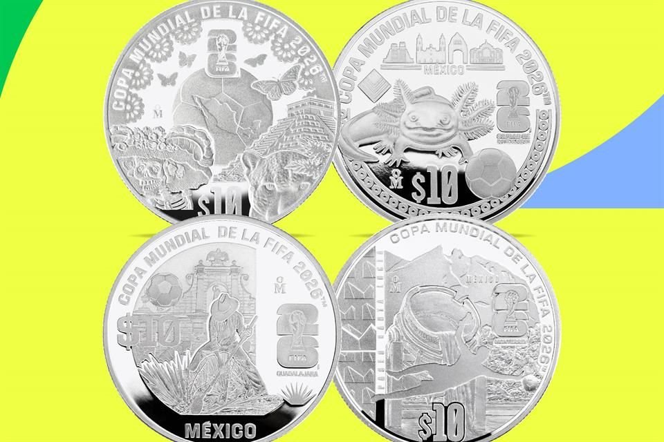 Four commemorative coins featuring designs for the FIFA World Cup 2026 and 2016, showcasing Mexican cultural elements and symbols related to football.