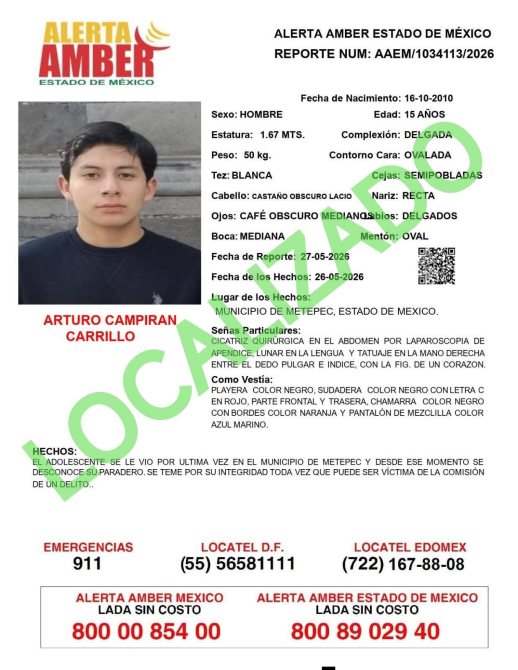 Cartel de Alerta Amber en México con información sobre un adolescente desaparecido llamado Arturo Campirán Carrillo, incluyendo su descripción física y detalles del último avistamiento.