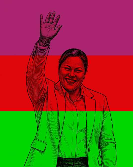 Ilustración de una mujer sonriendo y levantando la mano, con un fondo de colores rojo, verde y púrpura.
