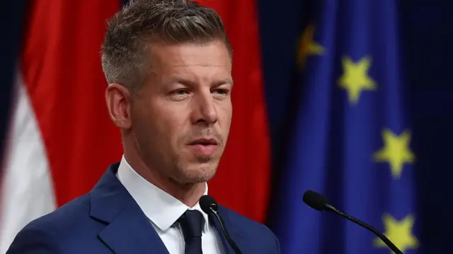 Hombre hablando en un micrófono frente a banderas de la Unión Europea y otras naciones.