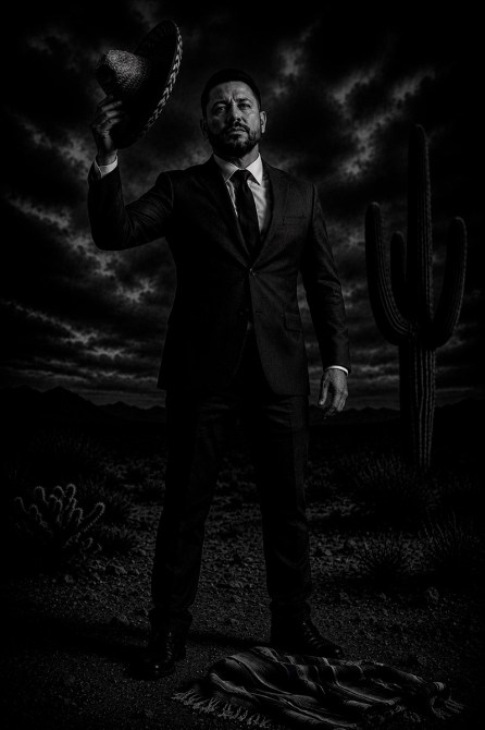 Hombre con traje negro y sombrero en un paisaje desértico, sosteniendo el sombrero mientras mira hacia el horizonte, con cactus en el fondo y nubes oscuras en el cielo.