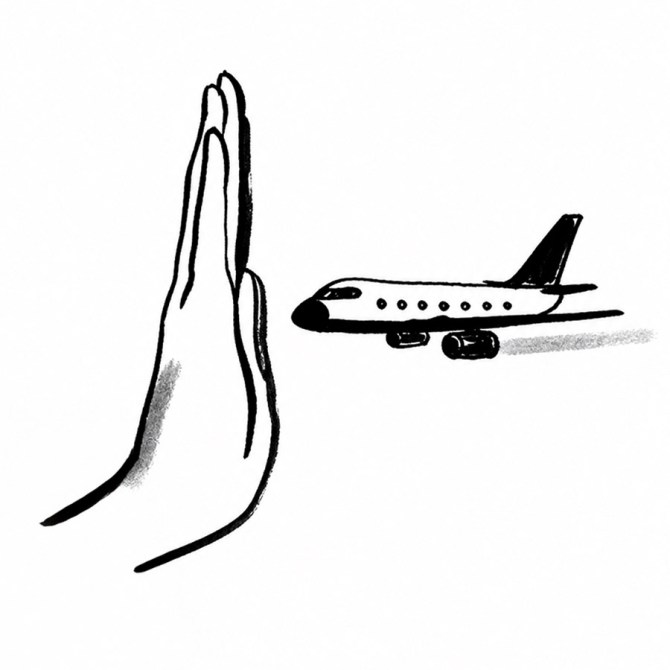 Dibujo de una mano en posición de saludo junto a un avión en movimiento.