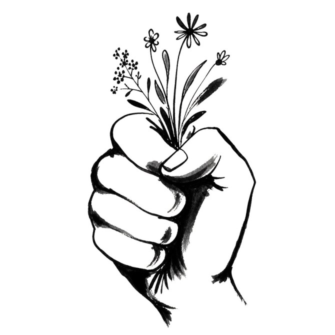 Dibujo en blanco y negro de una mano cerrada sosteniendo un ramo de flores silvestres.