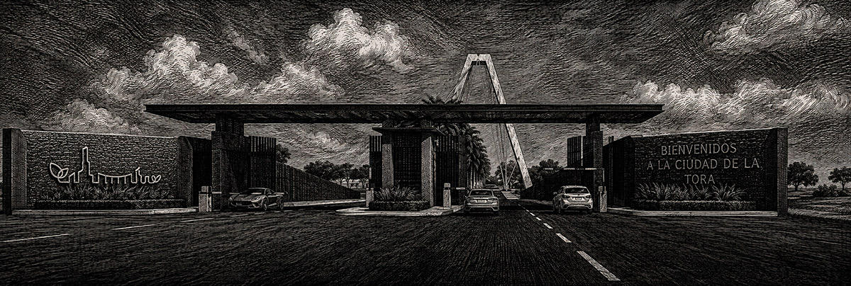 Entrada principal a la Ciudad de la Tora, mostrando un diseño arquitectónico moderno con un letrero de bienvenida.