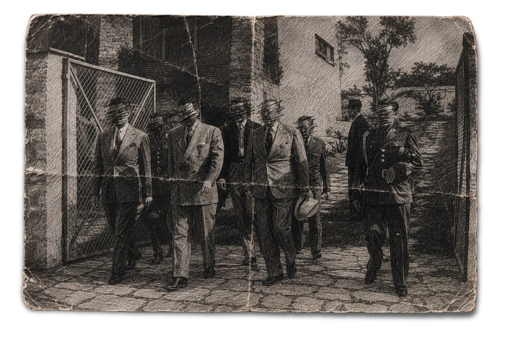 Grupo de hombres en trajes, caminando hacia una puerta de entrada, con un fondo de plantas y edificios.