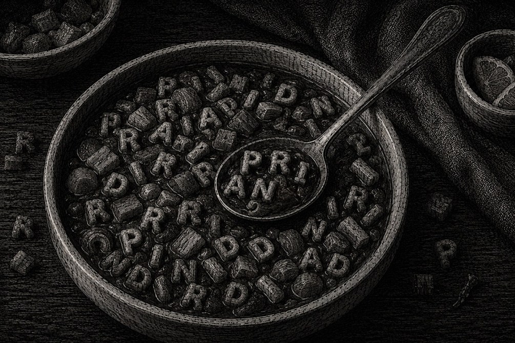 Recipiente con letras de sopa en un fondo oscuro, con una cuchara de metal en el centro.