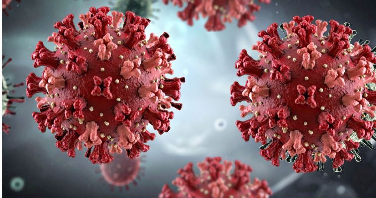 Representación digital del virus del coronavirus con espinas rojas y fondo difuminado.