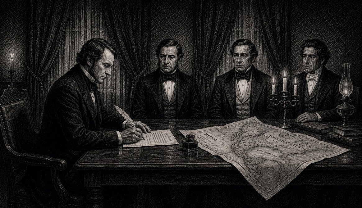 Cuatro hombres en una habitación oscura, uno de ellos firma un documento mientras los demás lo observan, con un mapa de México y Estados Unidos en la mesa.