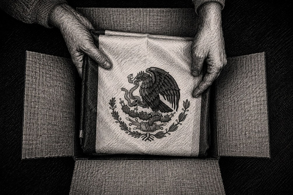 Caja abierta con una hoja que muestra el escudo de México, sosteniéndola con ambas manos.