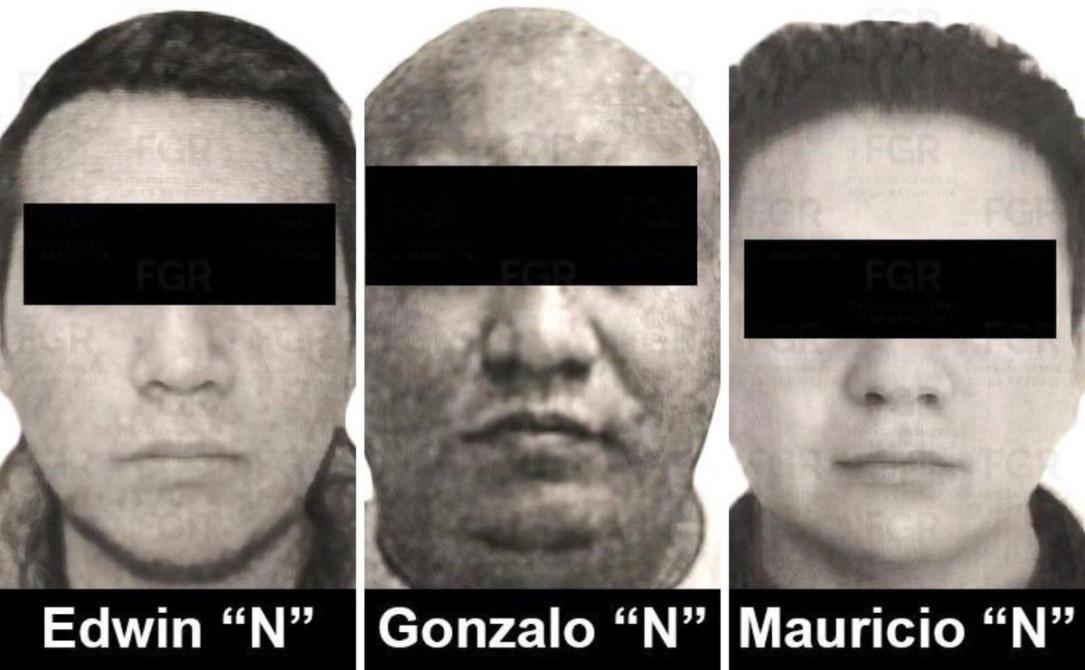 Retrato de tres personas con los nombres Edwin "N", Gonzalo "N" y Mauricio "N", cada uno con bloqueos en los ojos.