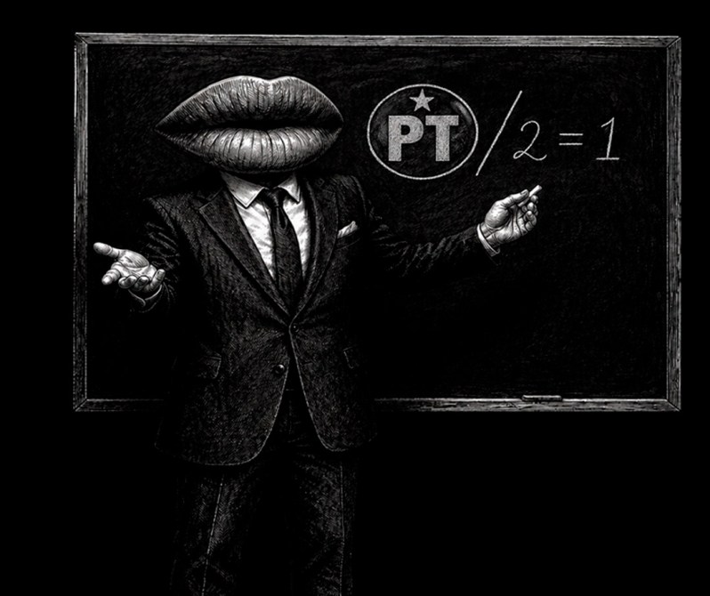 Hombre de negocios con cabeza de labios, señalando una pizarra con la expresión 'PT/2=1'.