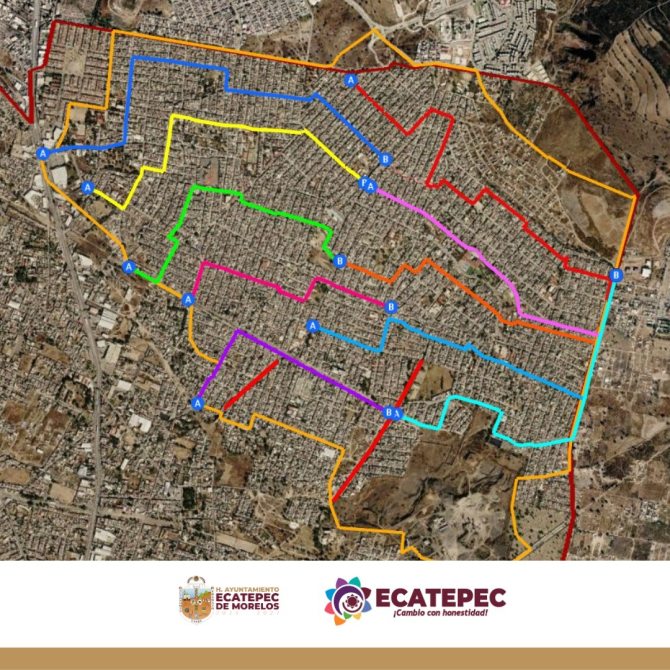 Mapa aéreo de Ecatepec con rutas marcadas en diferentes colores, indicando áreas de interés y sectores identificados por letras.