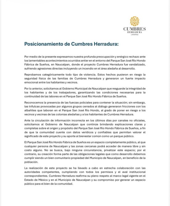 Documento que expresa la preocupación y rechazo de Cumbres Herradura ante los recientes actos de violencia en el Parque San José Río Hondo, Naucalpan, vinculados al proyecto de desarrollo Fábrica de Sueños.