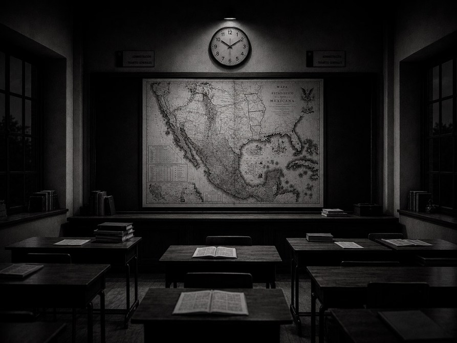 Aula oscura con un mapa de México en la pared, un reloj en la parte superior, escritorios y libros en las mesas.