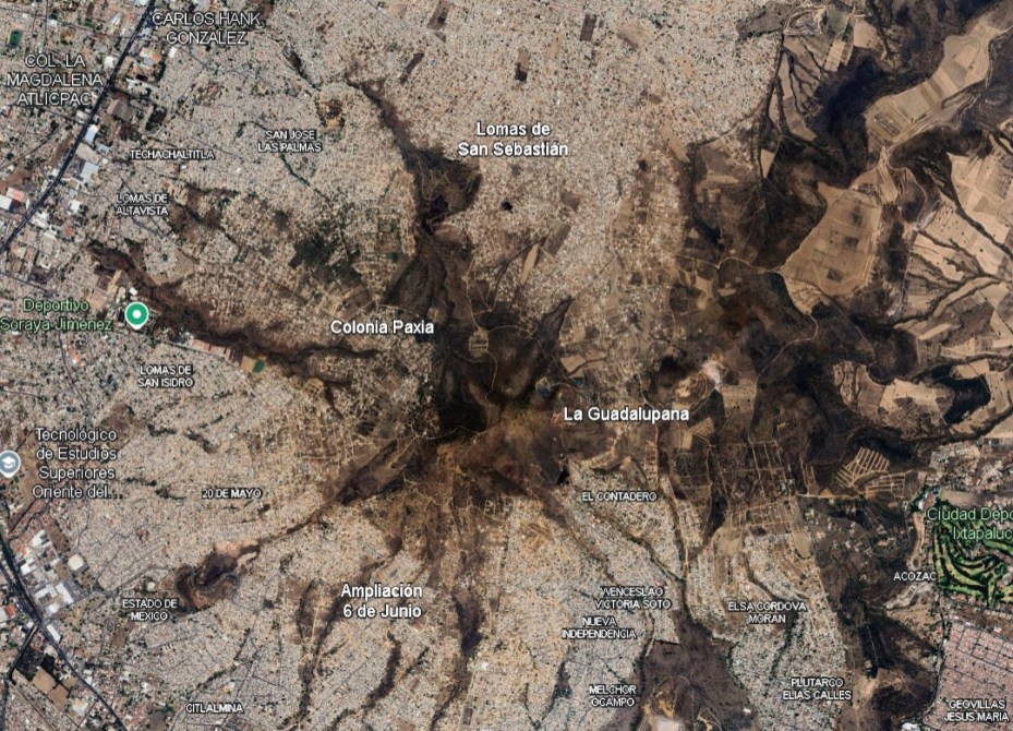 Mapa satelital de la zona de Ixtapaluca en México, mostrando calles, colonias y áreas rurales.
