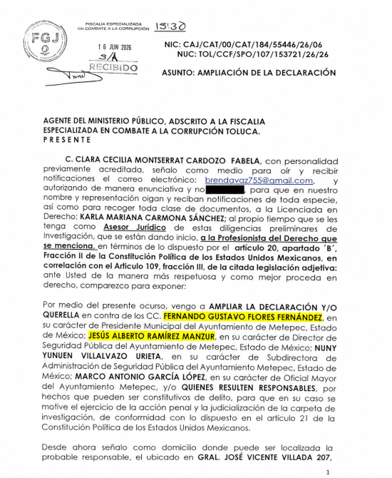 Documento oficial dirigido a la Fiscalía Especializada en Combate a la Corrupción en Toluca, solicitando la ampliación de una declaración o querella. Incluye información sobre las partes involucradas y la representación legal.
