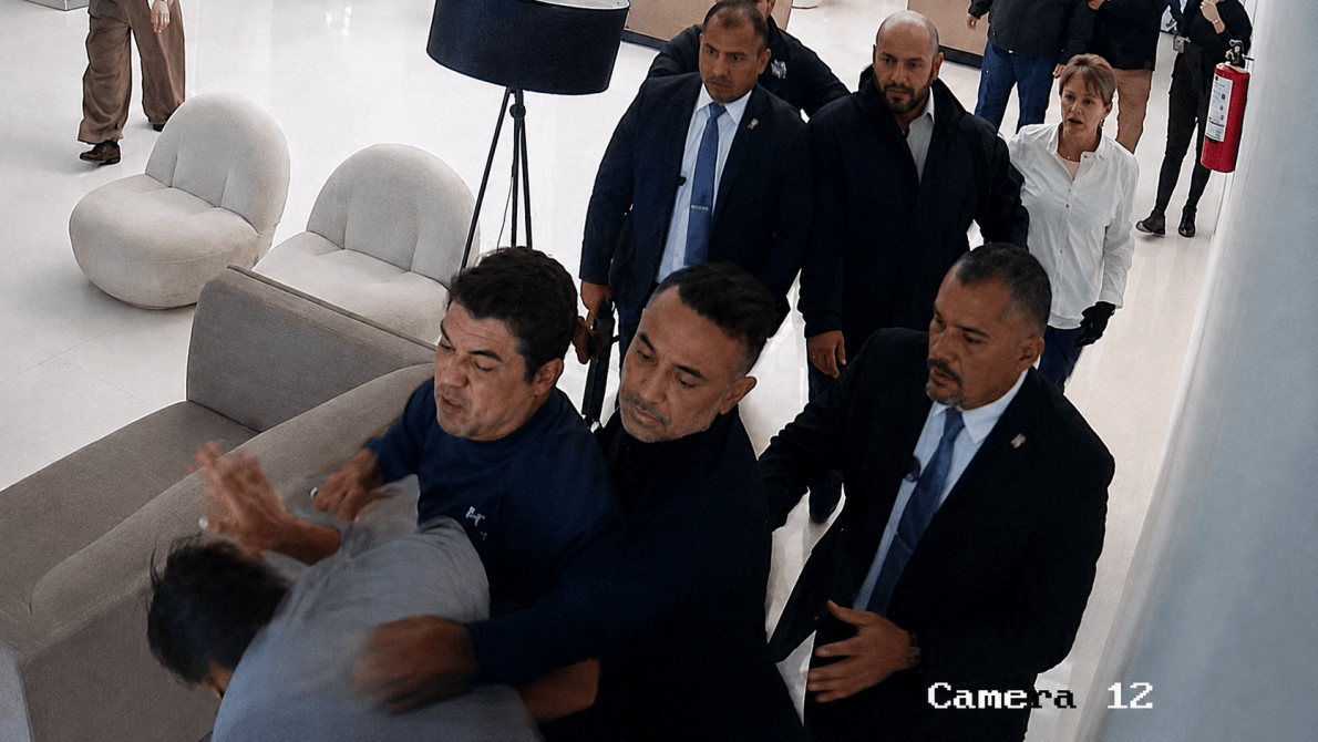 Imagen de videovigilancia que muestra a varias personas involucradas en una confrontación dentro de un inmueble. Se observa a un grupo de hombres sujetando a otra persona mientras varios individuos observan la escena en un pasillo interior.