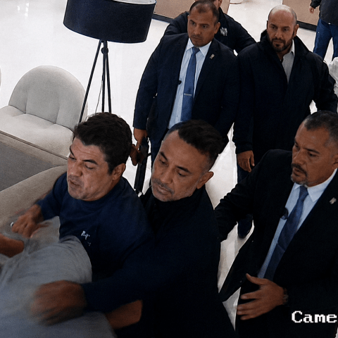 Imagen de videovigilancia que muestra a varias personas involucradas en una confrontación dentro de un inmueble. Se observa a un grupo de hombres sujetando a otra persona mientras varios individuos observan la escena en un pasillo interior.