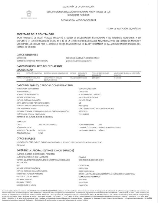 Documento oficial de la Secretaría de la Contraloría de México que contiene la declaración de situación patrimonial y de intereses de un servidor público, con datos generales y experiencia laboral.
