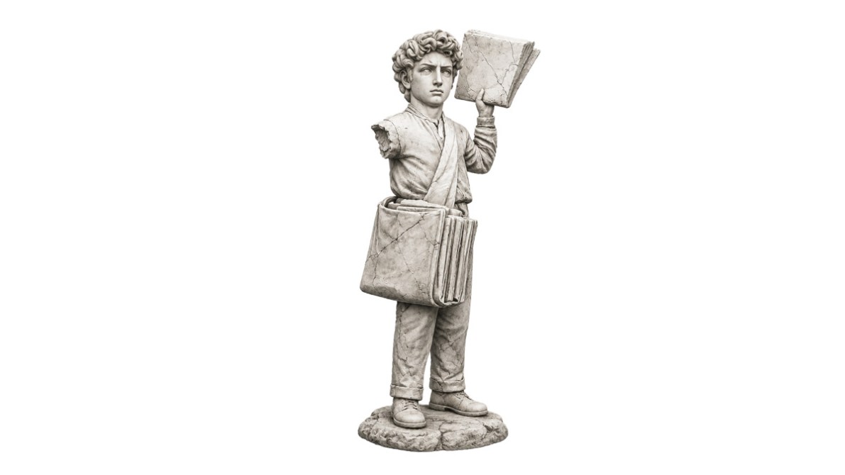Estatua de un joven sosteniendo libros, con una expresión decidida, viste una túnica y tiene un bolso con más libros al costado.