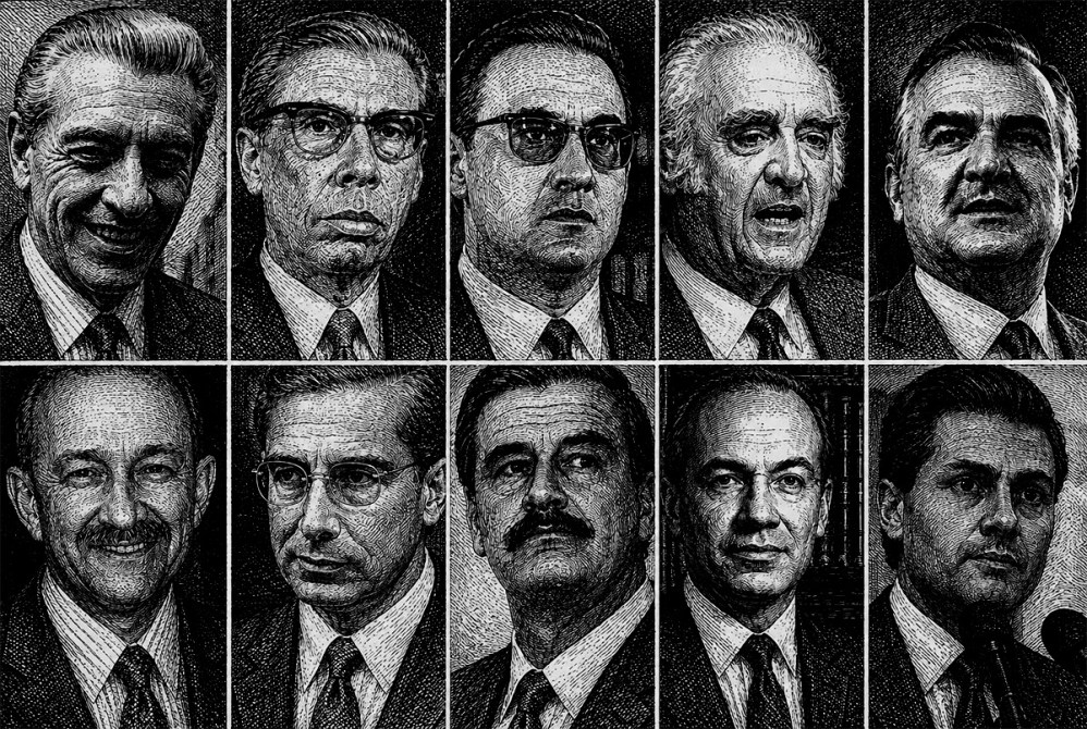 Retrato de diez hombres en un formato de collage, mostrando diversas expresiones faciales, con un estilo artístico notable.