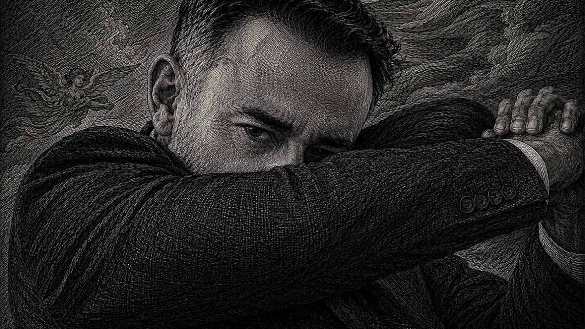 Retrato de un hombre en un traje oscuro, con una expresión melancólica, abrazando su brazo mientras una lágrima recorre su mejilla, con un fondo etéreo.