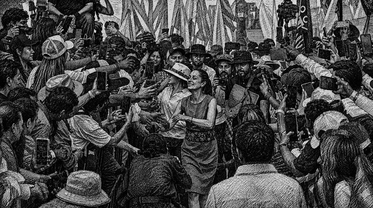 Una multitud rodea a una mujer en el centro, mientras varios asistentes levantan sus celulares para grabar el momento, en un ambiente de emoción y entusiasmo.