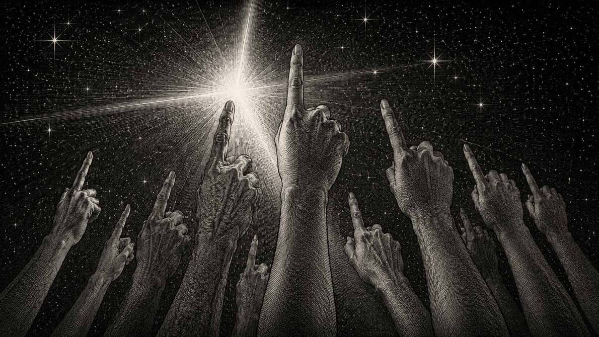 Manos levantadas hacia una luz brillante en un fondo estrellado.