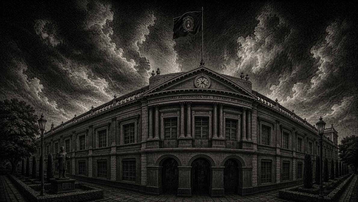 Edificio de la Universidad Autónoma del Estado de México, con una bandera y un reloj en la fachada, rodeado de nubes oscuras.