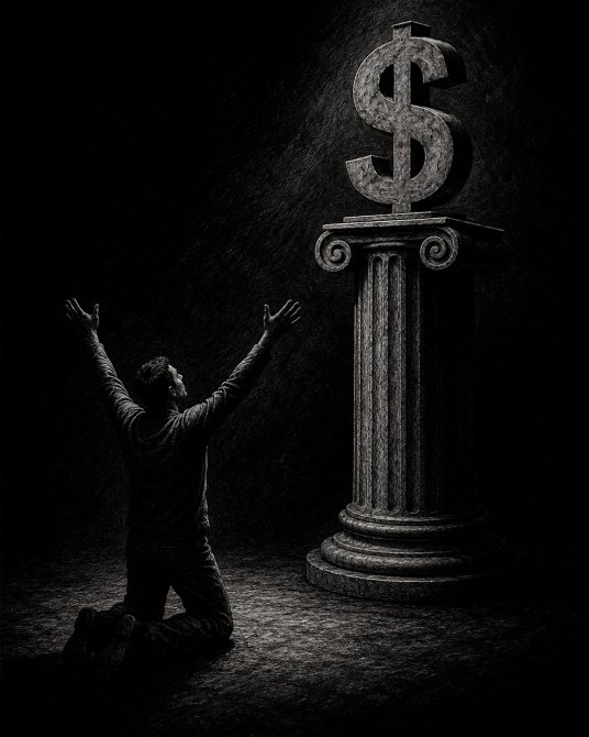 Hombre de rodillas frente a una columna con un símbolo de dólar, con brazos extendidos en un gesto de adoración.