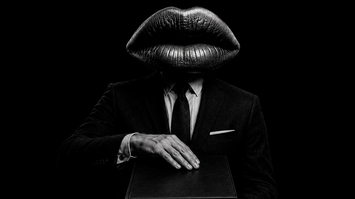 Hombre con traje negro y brazos, cuya cabeza es un par de labios en relieve sobre un fondo negro.